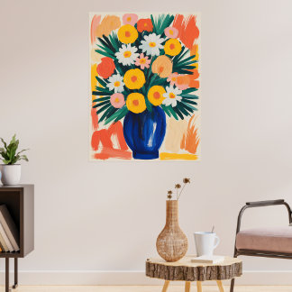 Affiche Disposition Floral Vibrant dans un Vase Bleu
