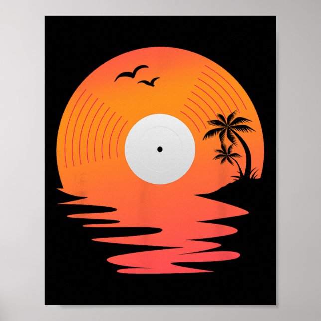Affiche Disque Vinyle Rétro Disque Mer Plage Platine Tourn (Devant)