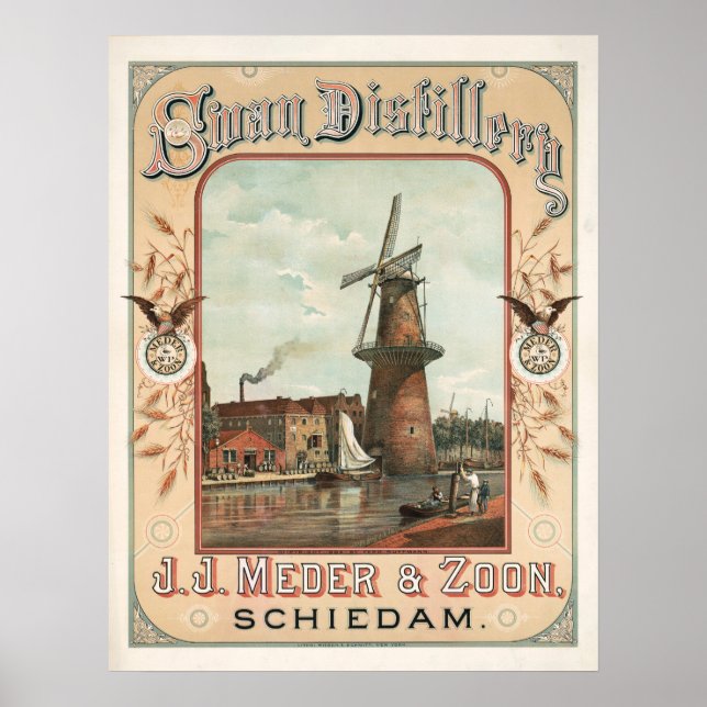 Affiche Distillerie de cygne, J.J. Meder & Zoon, Schiedam (Devant)