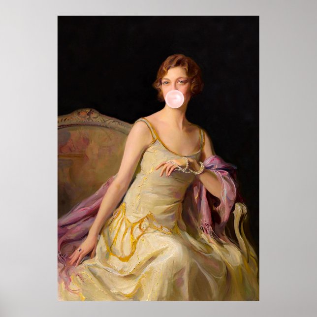 Affiche Divas au chewing-gum dans une robe jaune soufflant (Devant)