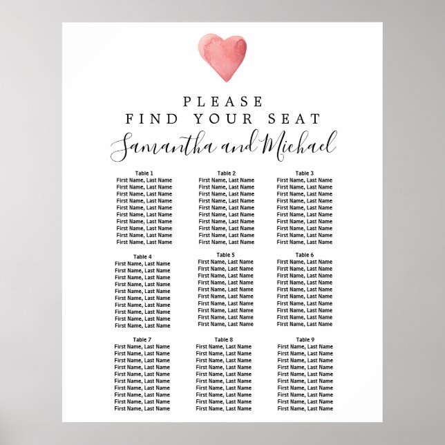 Affiche DIY Red Heart 9-Table Wedding Seating Chart (Devant)