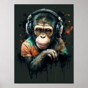Affiche DJ Monkey Chimp avec casque, amoureux de musique.
