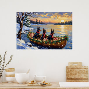 Affiche Doberman Pinscher Noël Bateau Fêtes