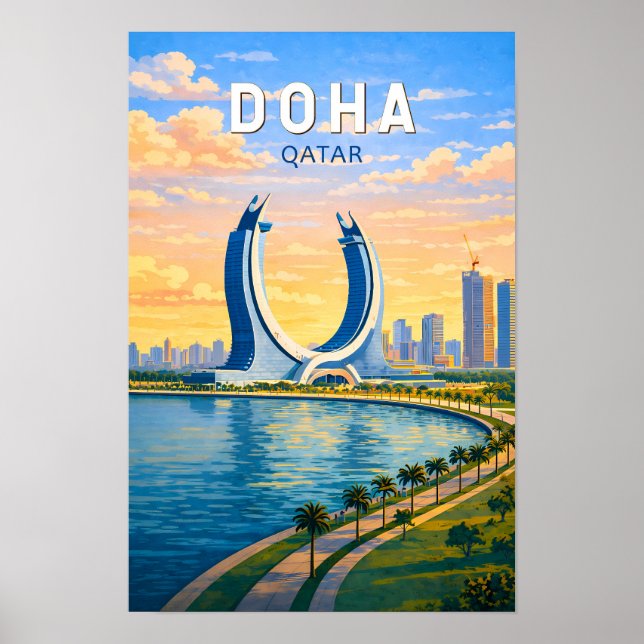 Affiche Doha Qatar Illustration Voyage Art Rétro (Devant)
