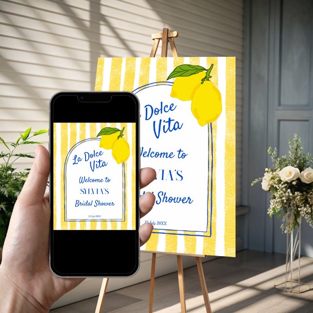 Affiche Dolce vita Lemons Douche italienne bienvenue (Dolce vita yellow stripes Lemons retro Italian bridal shower personalized welcome sign Poster)