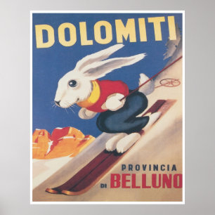 Affiche Dolomites Italie Ski Bunny Vintage voyage Ski