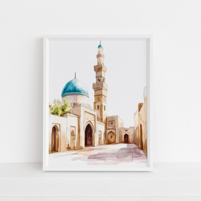 Affiche Dôme Bleu Marocain et Minaret Aquarelle Mur Art (Moroccan Blue Dome and Minaret Watercolor Wall Art in a white frame on the floor.)