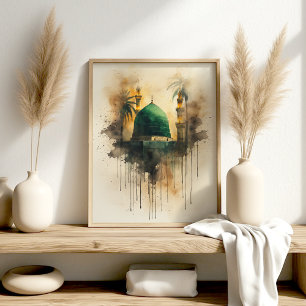 Affiche Dôme Vert Médine – Art Islamique Aquarelle