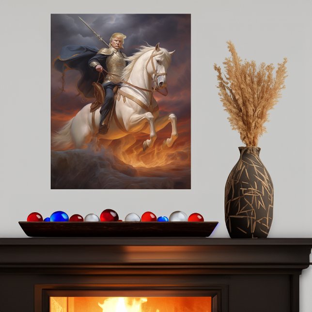 Affiche Donald Trump 2024 Chevalier blanc Héros drôle IA (donald trump 2024 funny knight white horse poster ai art)