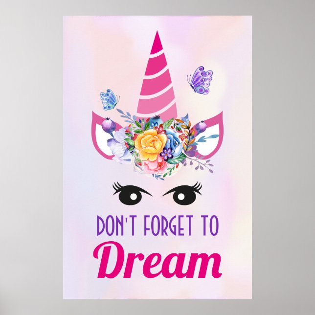 Affiche Don't Forget to Dream Cute Pink Unicorn (Devant)