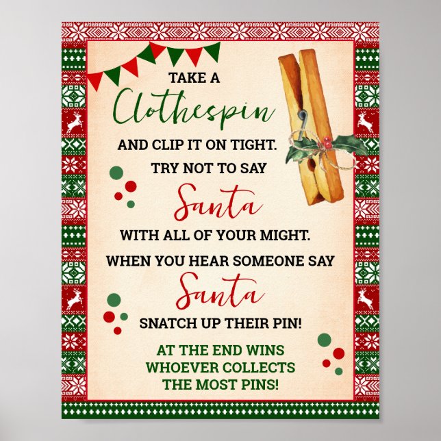 Affiche Don't Say Santa Clothespin Game Ugly Sweater Sign (Devant)