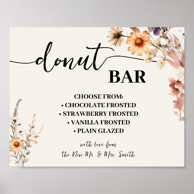 Affiche Donut Bar Mariage Fête des mariées Automne Fleurs  (Devant)
