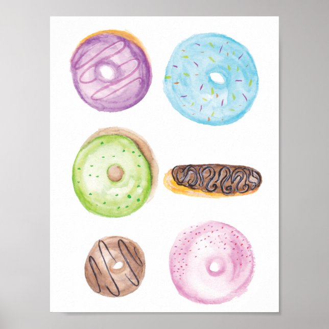 Affiche Donuts Mixtes Givrés Aquarellés à la Main (Devant)