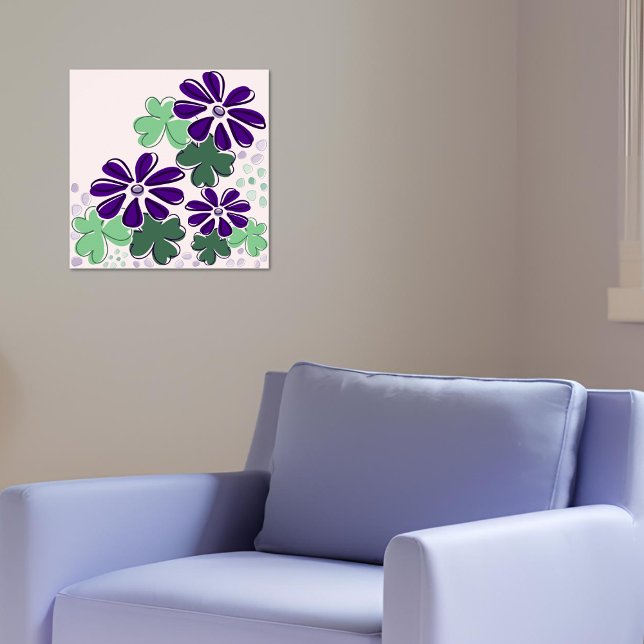 Affiche Doodle Abstrait vert et violet et trèfle et fleurs (Abstract Green and Purple Clover & Flower Doodle Poster)