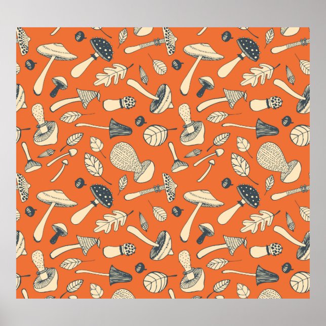 Affiche Doodle champignons Vintage papier peint sans coule (Devant)