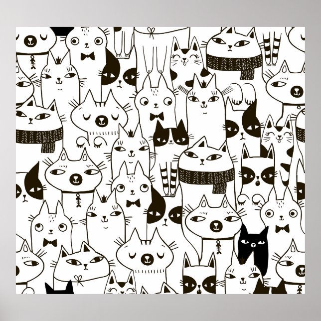 Affiche Doodle chats : drôle de motif sans soudure. (Devant)