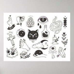 Affiche doodle de tatouage mystique dessiné à la main, bad