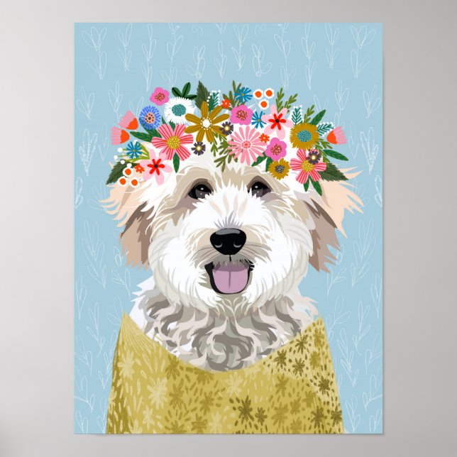 Affiche Doodle doré Fleur Wreath Chien Portrait (Devant)