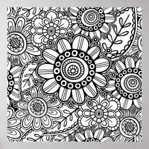 Affiche Doodle Folk Art Floral Line Motif de dessin