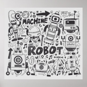 Affiche doodle robot élément, illustrateur ligne outils ti