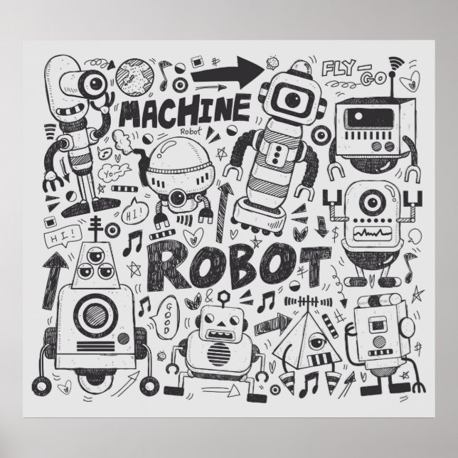 Affiche doodle robot élément, illustrateur ligne outils ti (Devant)