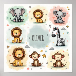 Affiche Doodles d'animaux de safari à l'aquarelle mignons