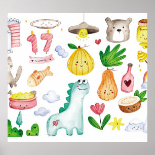 Affiche Doodles d'aquarelle Kawaii, autocollant prêt.