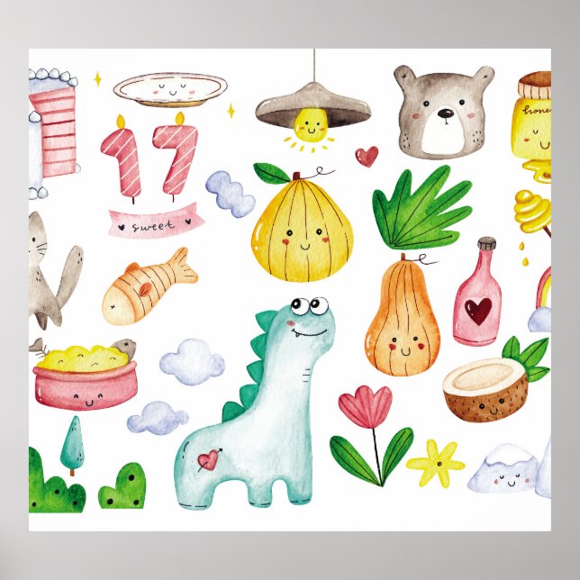 Affiche Doodles d'aquarelle Kawaii, autocollant prêt. (Devant)