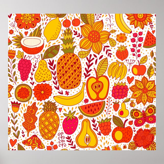 Affiche Doodles de fruits : Motif Vintage été. (Devant)