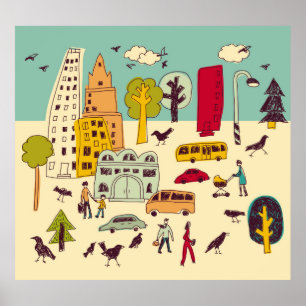 Affiche Doodles paysage de parc urbain promenade couleur v