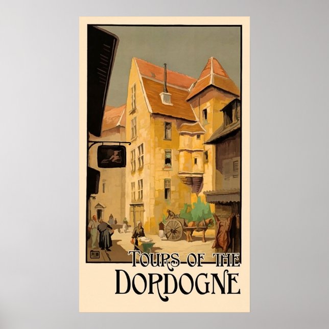 Affiche Dordogne, ville, maisons, France, voyage vintage (Devant)