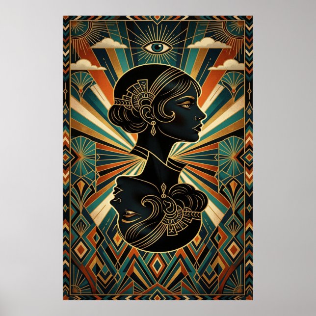 Affiche dorée et sarcelle de danseuse à plumes de  (Devant)