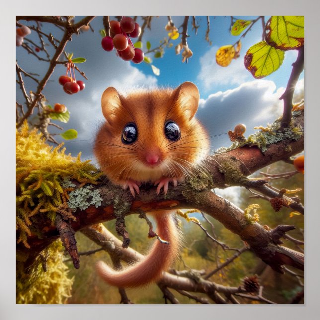 Affiche Dormouse de Hazel adorable dans un arbre boisé (Devant)