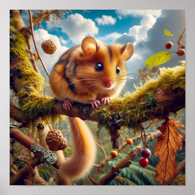 Affiche Dormouse de Hazel adorable dans un arbre boisé (Devant)