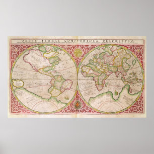 Affiche Double carte du monde d'hémisphère, 1587