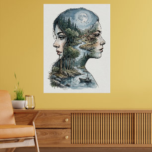 Affiche Double Exposition Nature Silhouette Aquarelle