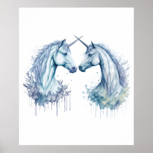 Affiche Double harmonie : deux licornes en aquarelle