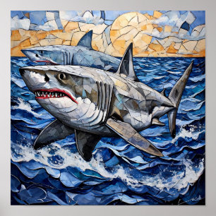 Affiche Double toile murale en mosaïque requin océan