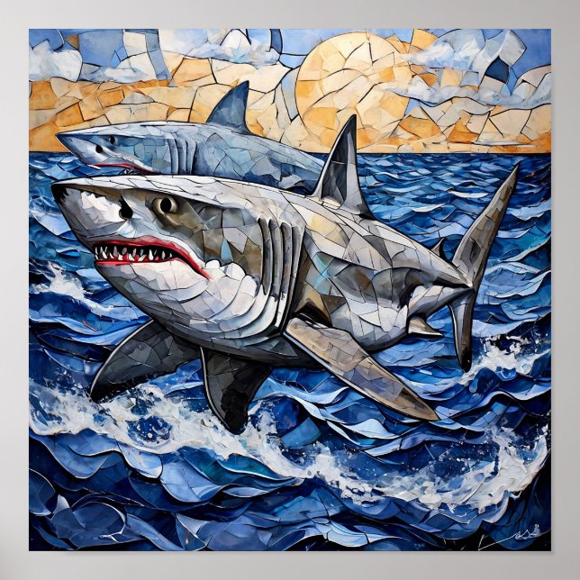 Affiche Double toile murale en mosaïque requin océan | (Devant)