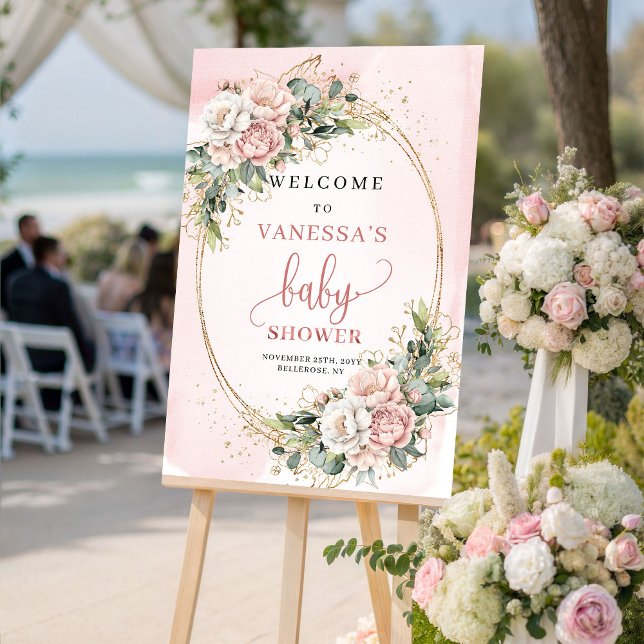 Affiche Douce Baby Shower Rose Poussiéreuse Florale Eucaly (Sweet Dusty Pink Floral Eucalyptus Baby Shower Welcome)