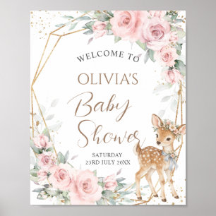 Affiche Douce Cerf Rouge Floral Fille Baby Shower Bienvenu