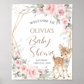 Affiche Douce Cerf Rouge Floral Fille Baby Shower Bienvenu