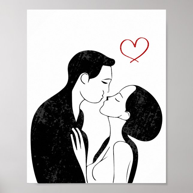 Affiche Douce Doodle Amour Coeur Romantique Couple Kiss (Devant)