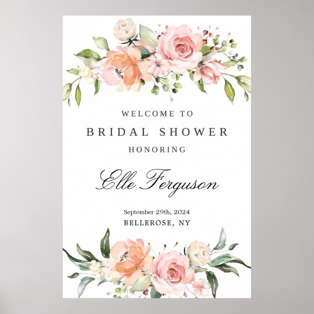 Affiche Douce douche de mariage bohème rose florale verdur (Devant)