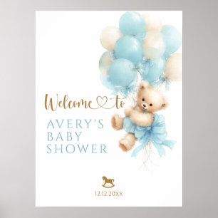 Affiche Douce Fête Baby-Shower Ours en Peluche Bleu