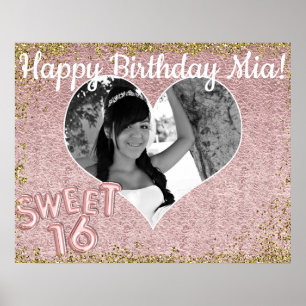 Affiche Douce Fête d'anniversaire Photo Cœur Rose Or 16 an