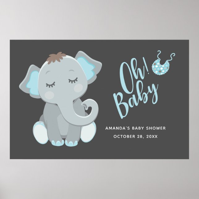 Affiche Douce Fête Prénatale de Bébé Éléphant Garçon (Devant)