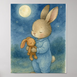 Affiche Douce Lapin Endormi & Teddy Clair de Lune Aquarell