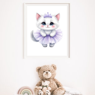 Affiche Douce Princesse Chaton Blanc en Tutu Violet Royal