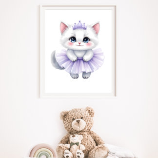 Affiche Douce Princesse Chaton Blanc en Tutu Violet Royal